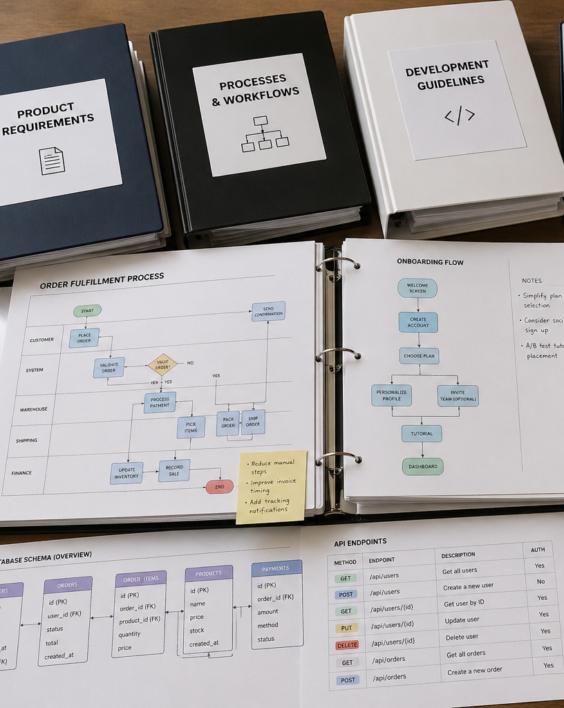 Product requirements, process workflows, and development documentation